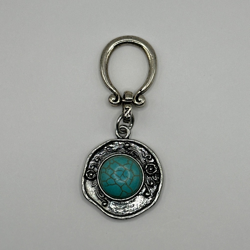 Southwestern Faux Turquoise Floral Scroll Silver Tone Round Pendant Charm